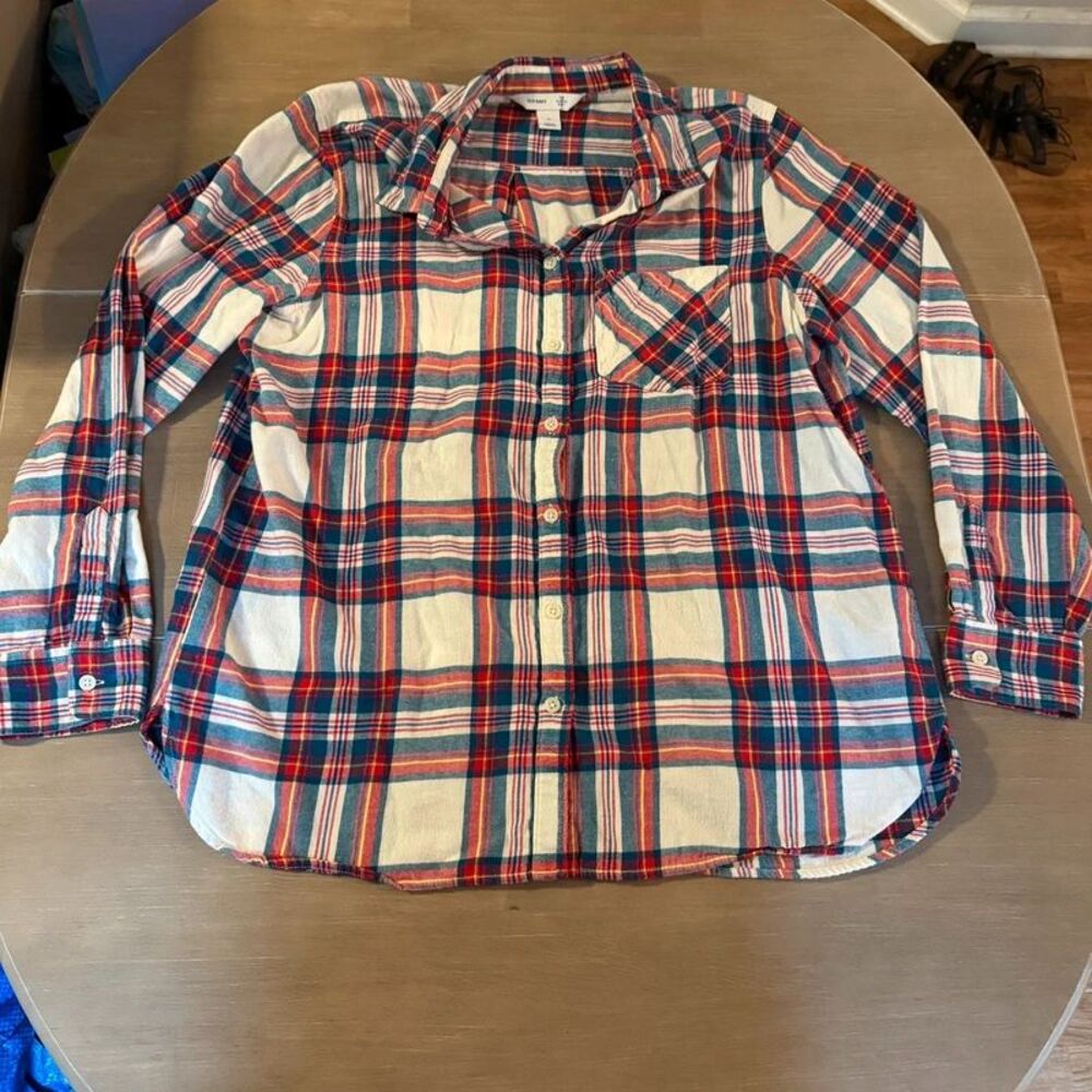 Old Navy The Classic Shirt Womens XL White Tartan Plaid Cotton Flannel